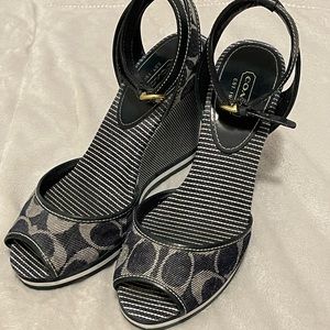 Coach Blue and Gray Canvas Wedge Sandals Size 7